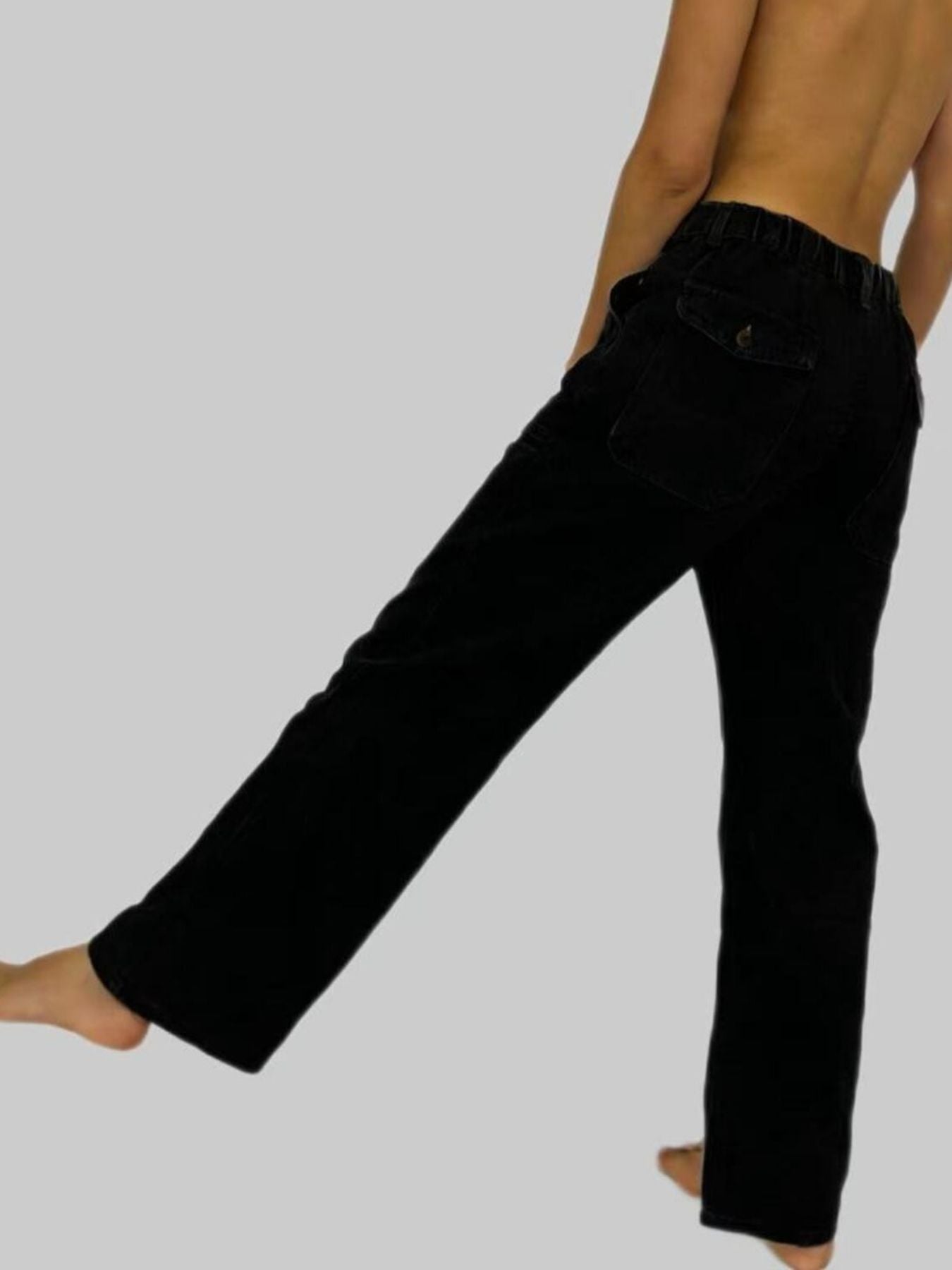 Black wide-leg contrast stitching jeans with relaxed fit elastic waistband