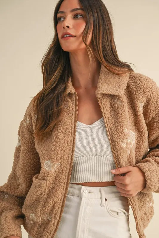 MABLE Floral Embroidered Fleece Teddy Jacket