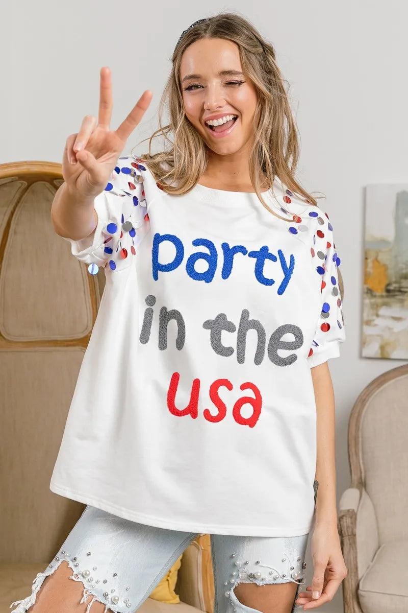 BiBi Party In The Usa Spangle Puff Sleeves Top | Tops Daverri Fashions