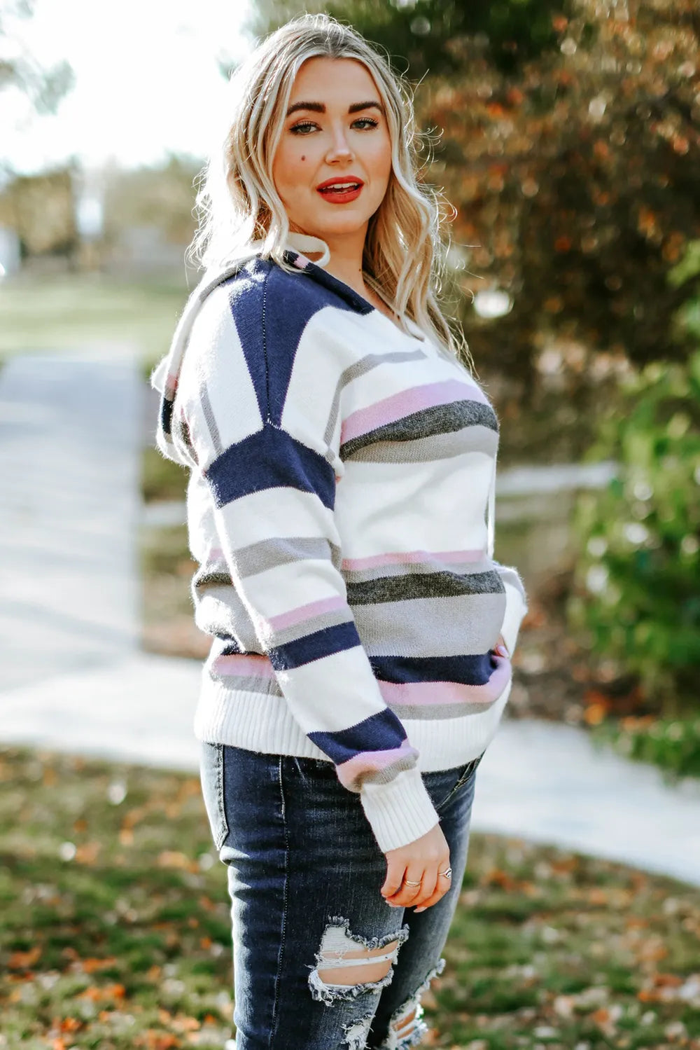 Plus Size Striped Long Sleeve Hooded Sweater | Daverri Fashions
