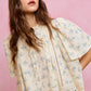 Cream-colored SO ME floral lace trim blouse with blue embroidery