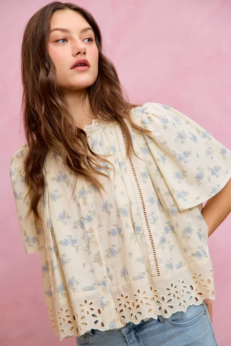 Cream-colored SO ME floral lace trim blouse with blue embroidery