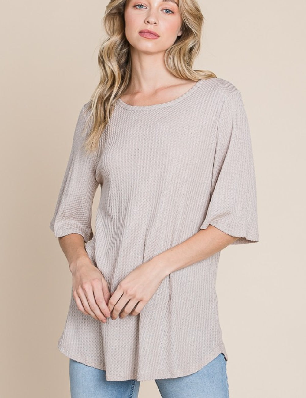 Sand BOMBOM Round Neck Waffle Knit T-Shirt | Daverri Fashions