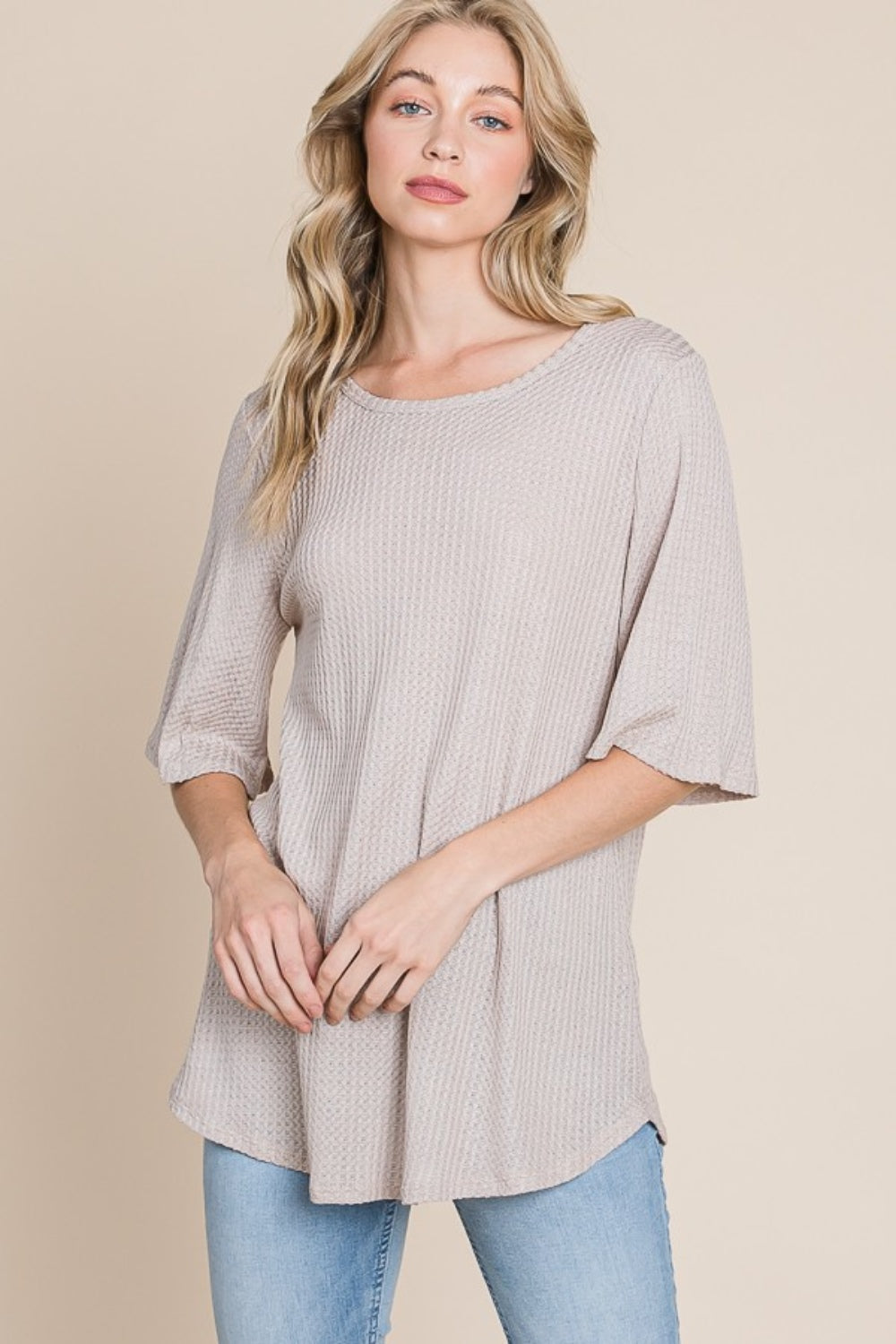 BOMBOM Round Neck Waffle Knit T-Shirt Sand