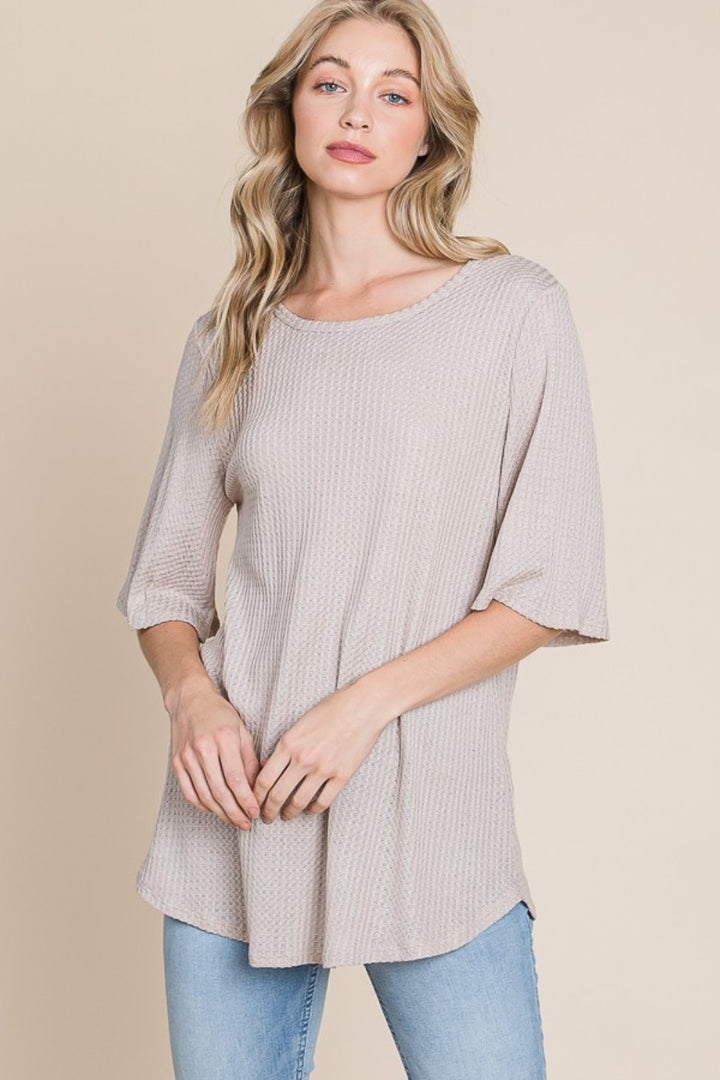 BOMBOM Round Neck Waffle Knit T-Shirt Sand