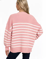 Zenana Exposed Seam Striped Oversized Sweater Pink | Sweaters Daverri Fashions