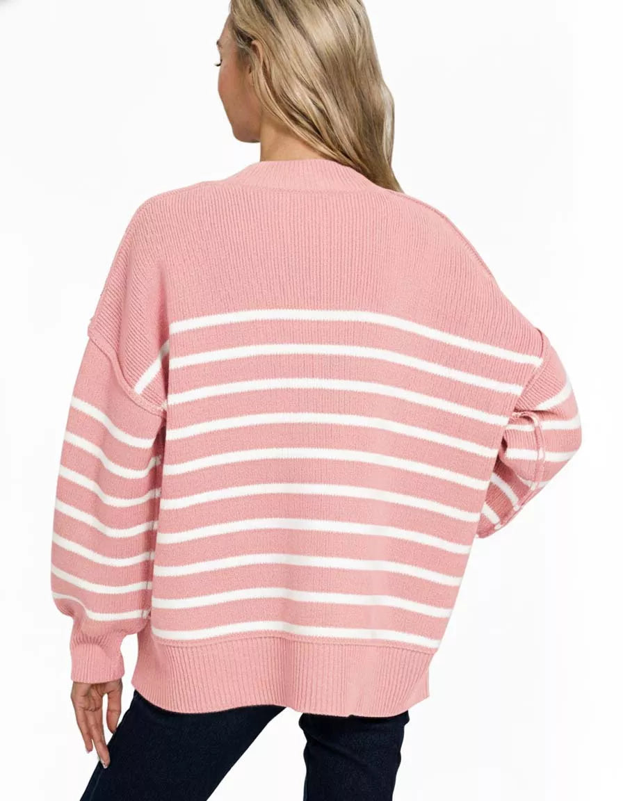 Zenana Exposed Seam Striped Oversized Sweater Pink | Sweaters Daverri Fashions