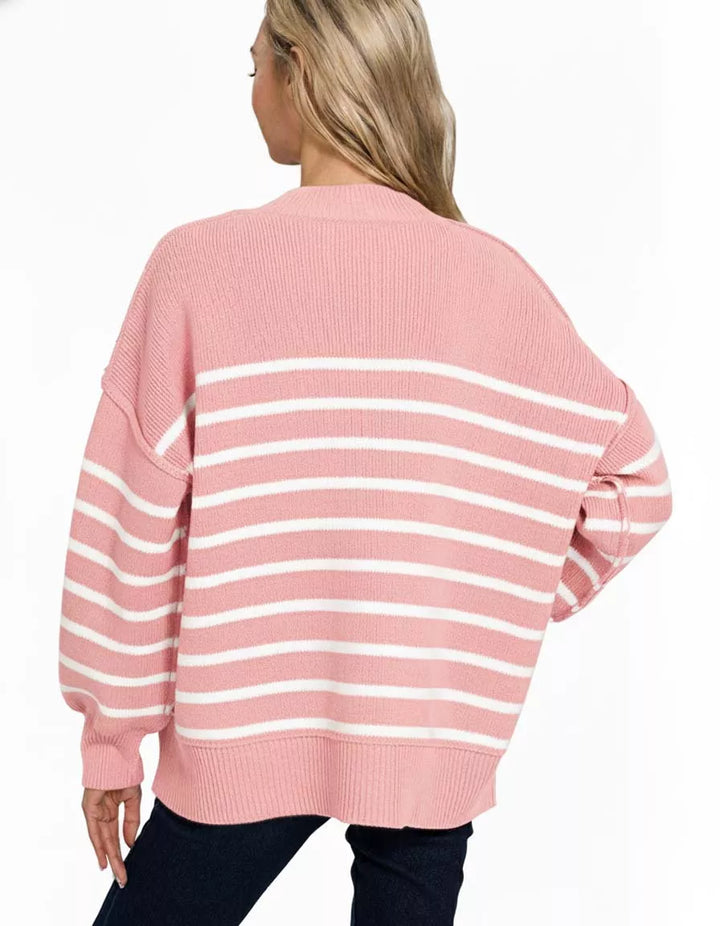 Zenana Exposed Seam Striped Oversized Sweater Pink | Sweaters Daverri Fashions