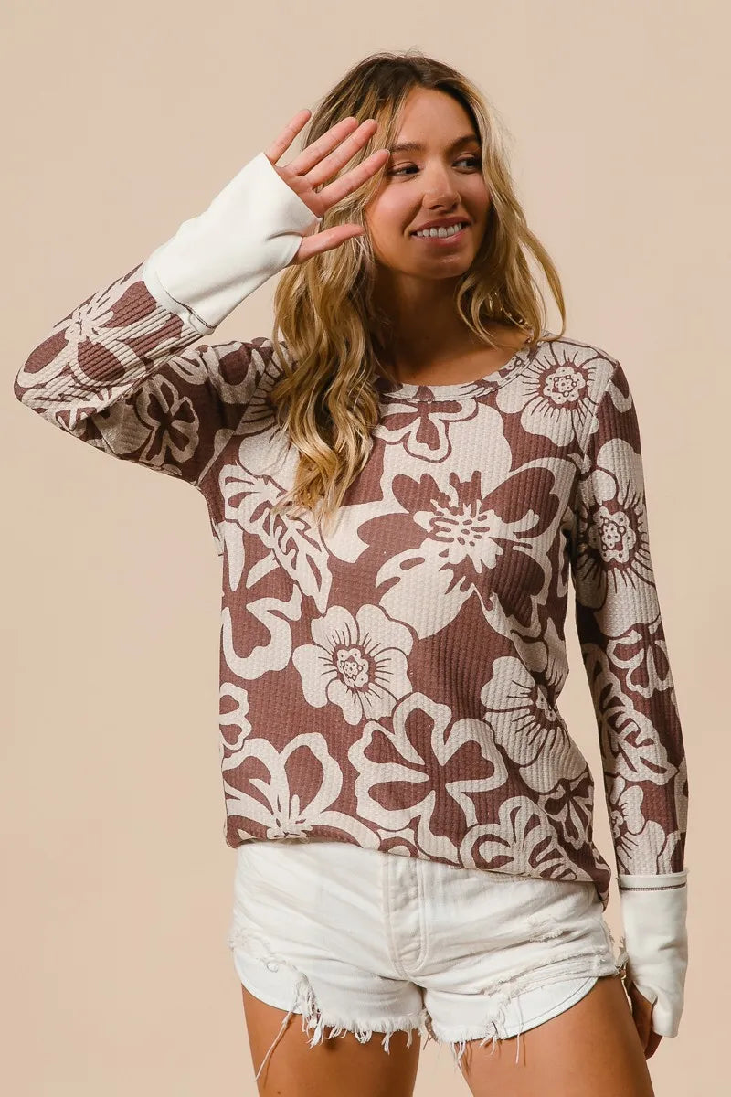 BiBi Flower Printed Waffle Thumb Opening Top Tops