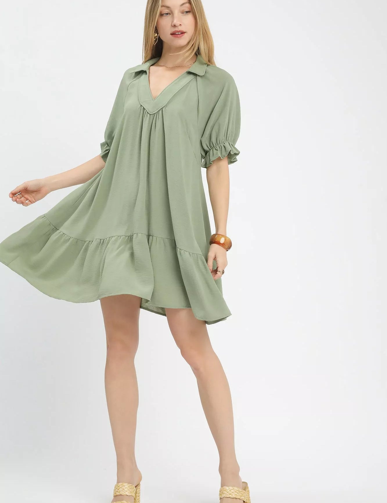 Umgee Tiered Puff Sleeve Babydoll Dress in soft sage green