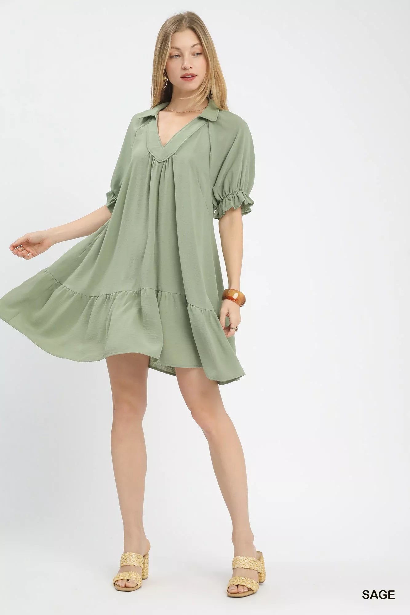 Umgee Tiered Puff Sleeve Babydoll Dress in soft sage green