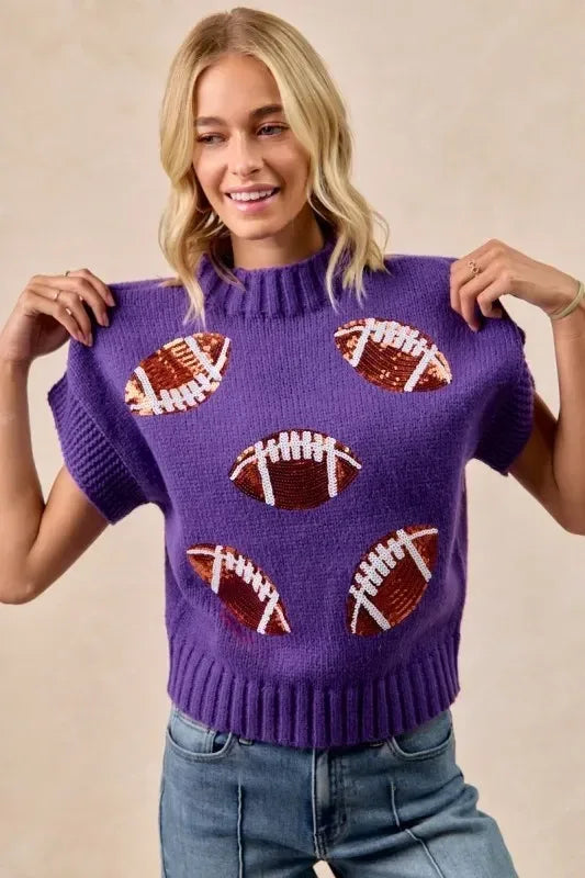 BiBi Gameday Sequin Football Patches Rib Banded Sweater - DAVERRI FASHIONS