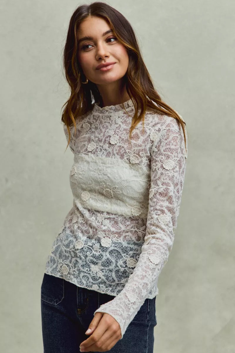 SO ME lace long sleeve 3D effect floral layering top in off-white