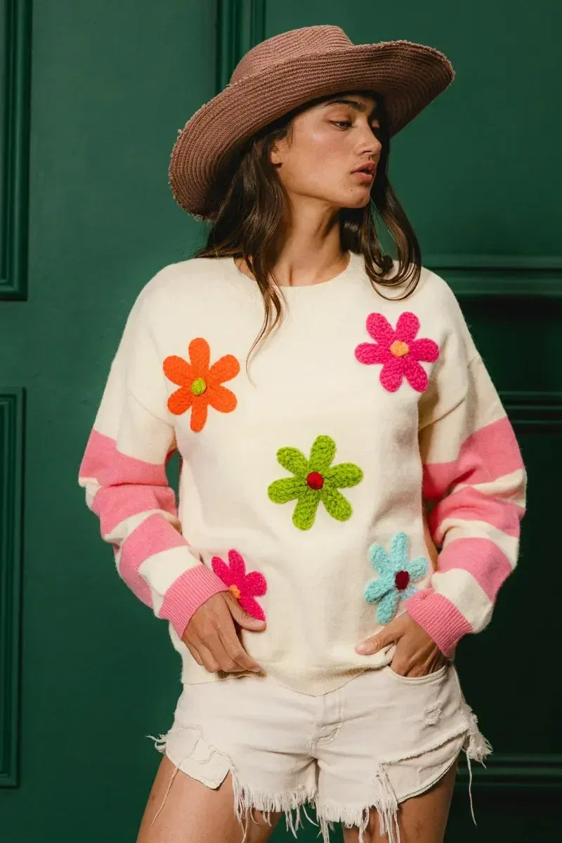 BiBi Colorful Floral Patched Sweater with Striped Sleeve - DAVERRI FASHIONS