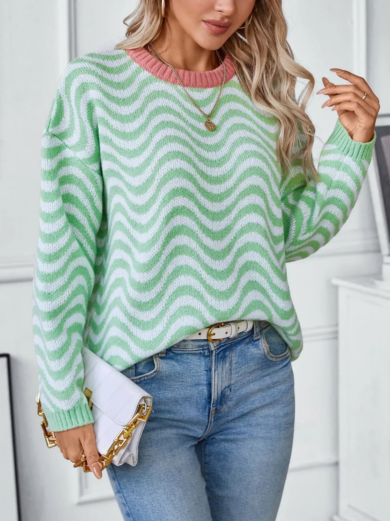 Wavy Striped Round Neck Sweater - DAVERRI FASHIONS