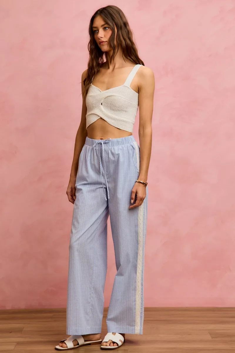 SO ME wide check pants in light blue white gingham with drawstring waist