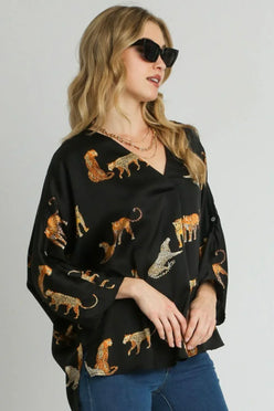 Umgee Full Size High-Low Satin Animal Print V-Neck Blouse Plus Size - DAVERRI FASHIONS