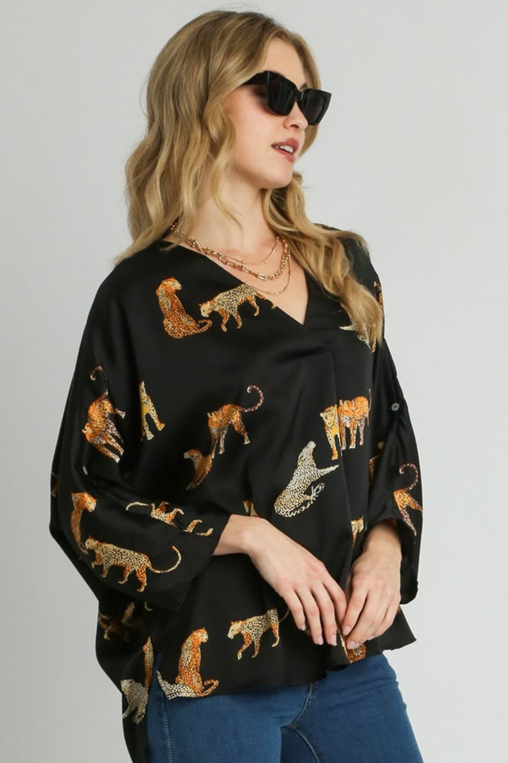 Umgee Full Size High-Low Satin Animal Print V-Neck Blouse Plus Size Black Blouses