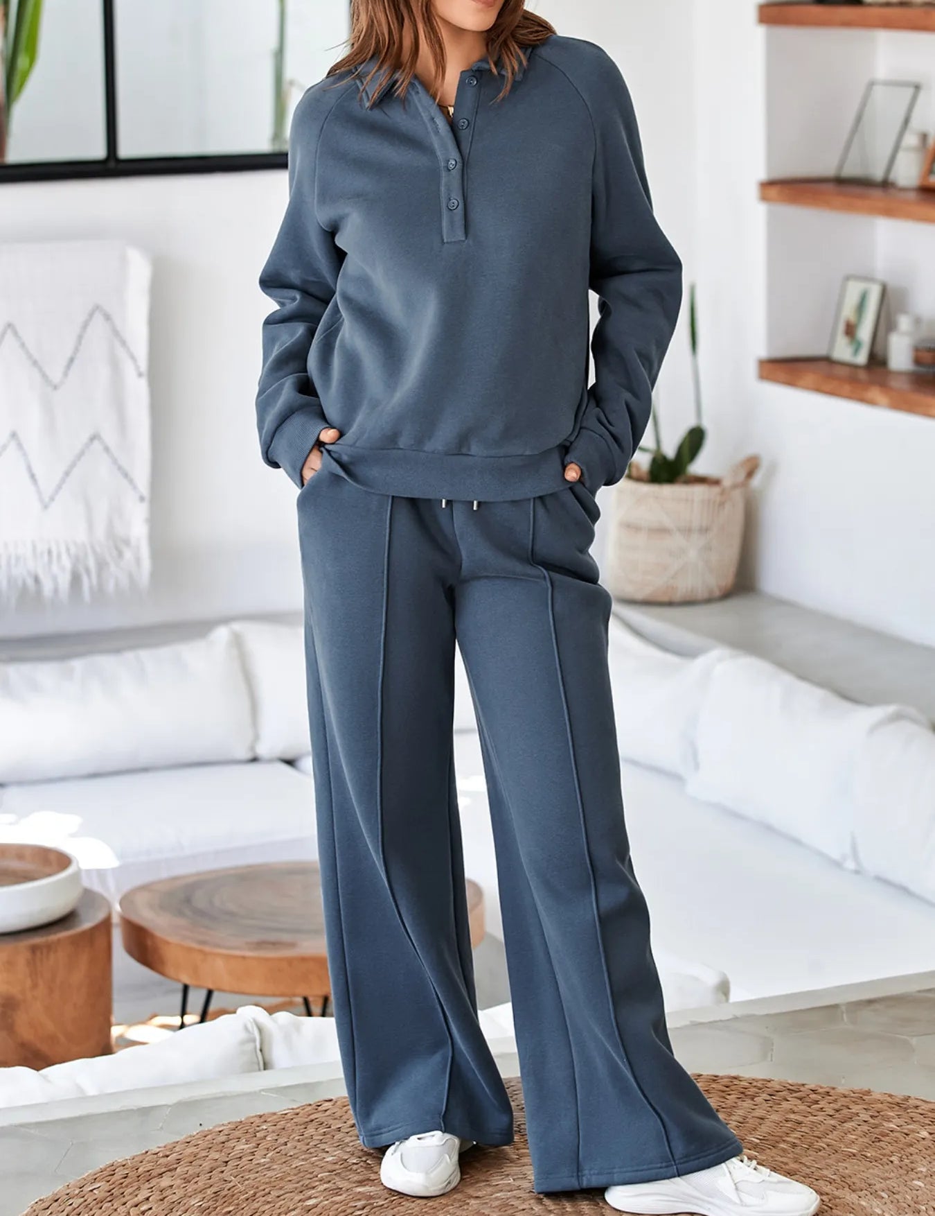 Collared Sweatshirt and High Waist Pants Active Set | Daverri Fashions