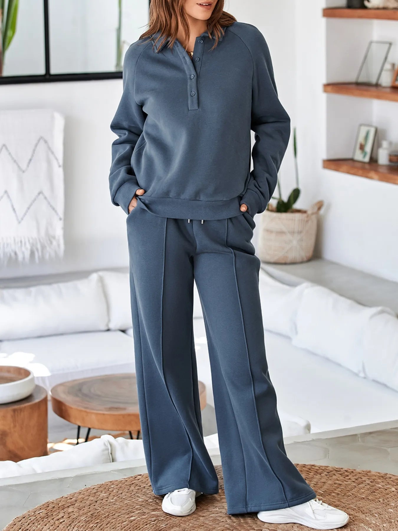 Collared Sweatshirt and High Waist Pants Active Set | Daverri Fashions