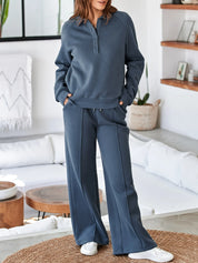 Collared Sweatshirt and High Waist Pants Active Set | Daverri Fashions
