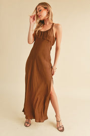 Aemi + Co Brown Ruched Side Slit Cutout Back Maxi Cami Dress Cami Dresses