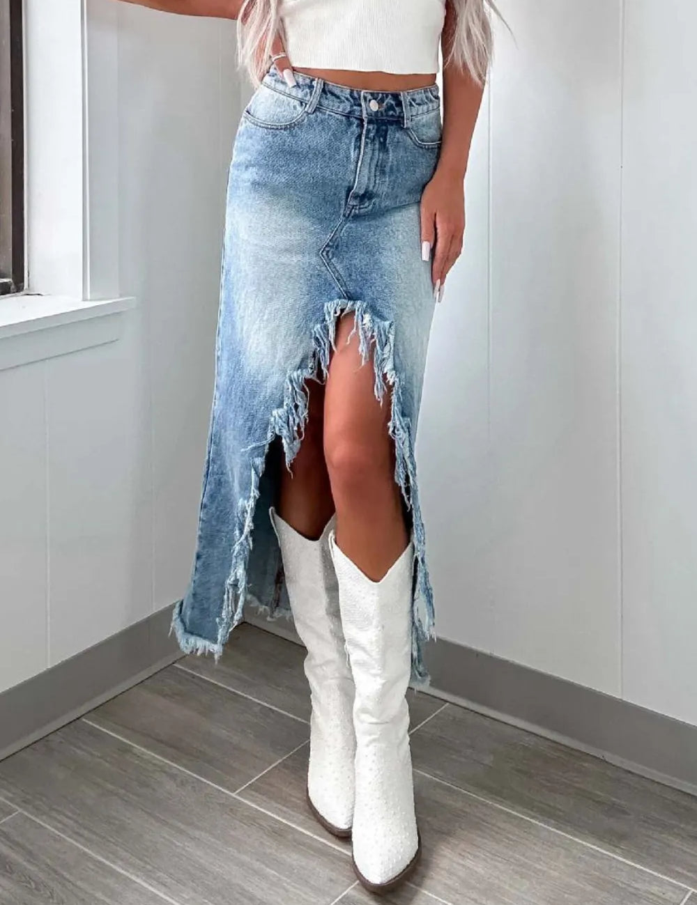 High-Waist Raw Hem Asymmetry Denim Skirt | Skirts Daverri Fashions