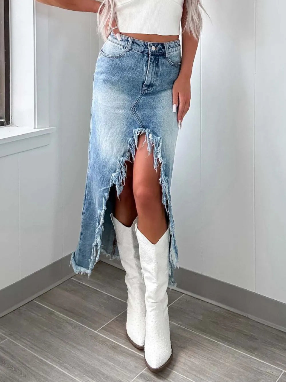 High-Waist Raw Hem Asymmetry Denim Skirt | Skirts Daverri Fashions