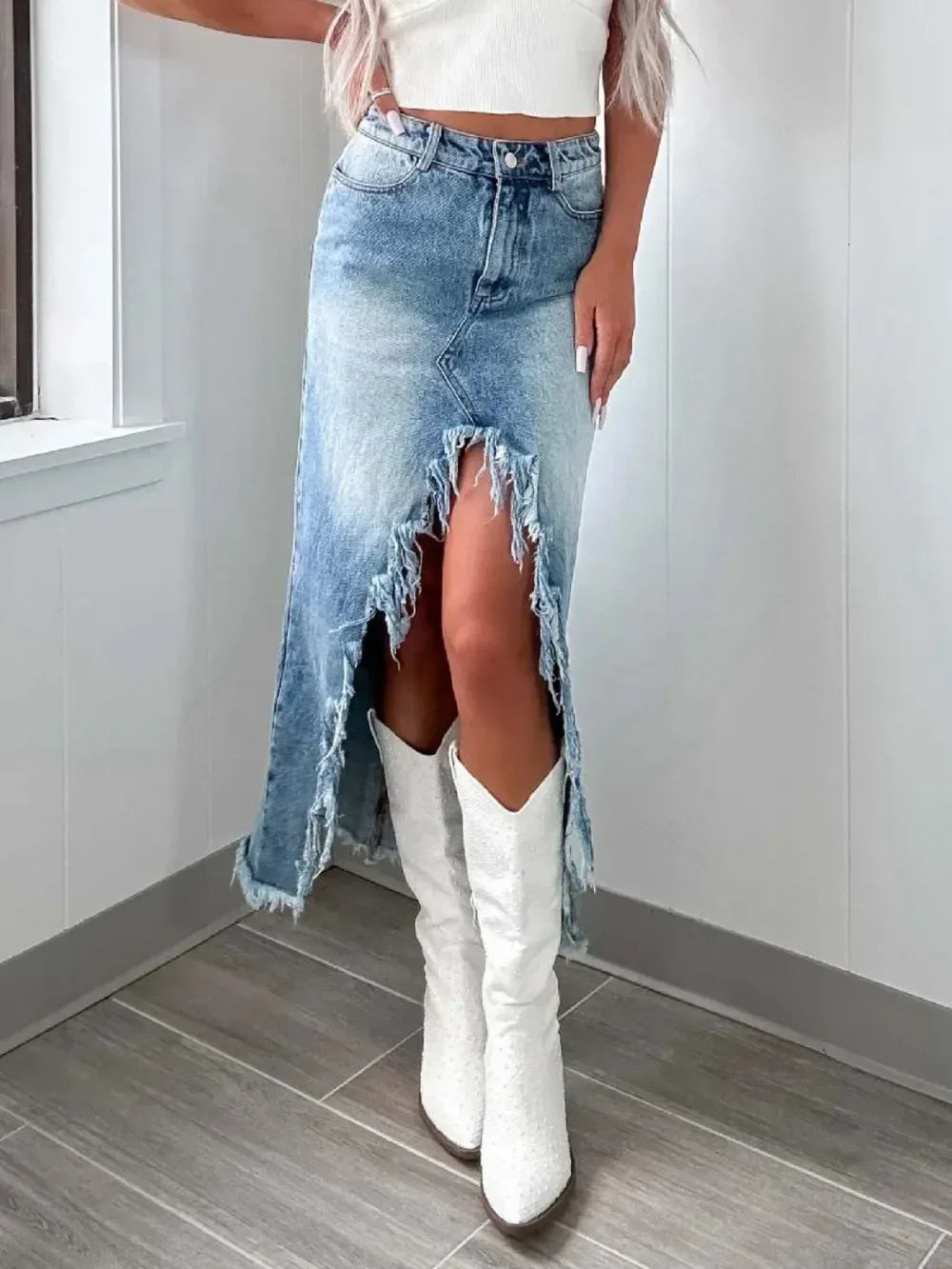 High-Waist Raw Hem Asymmetry Denim Skirt - DAVERRI FASHIONS