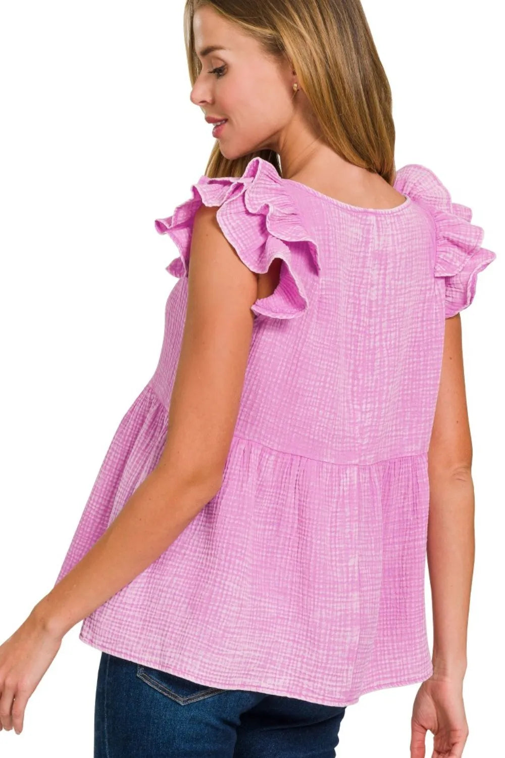 Zenana Double Gauze Acid Washed Tiered Ruffle Peplum Top Tops