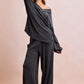 Dark gray ribbed BiBi two-tone cord rib V-neck loungewear set with off-shoulder top and wide-leg pants