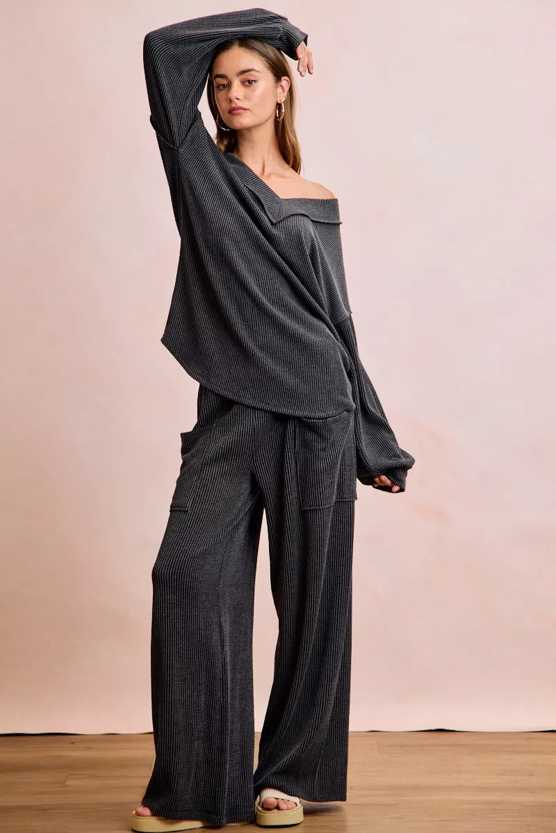 Dark gray ribbed BiBi two-tone cord rib V-neck loungewear set with off-shoulder top and wide-leg pants