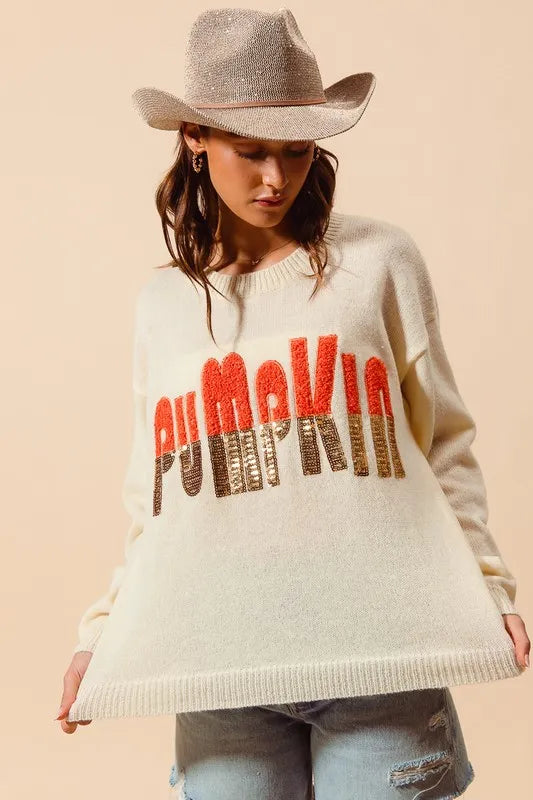 SO ME Contrast Sequin Pumpkin Slogan Sweater Top Sweaters