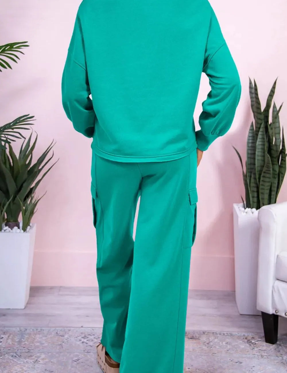 Green full-size round neck long sleeve top and drawstring wide-leg pants set