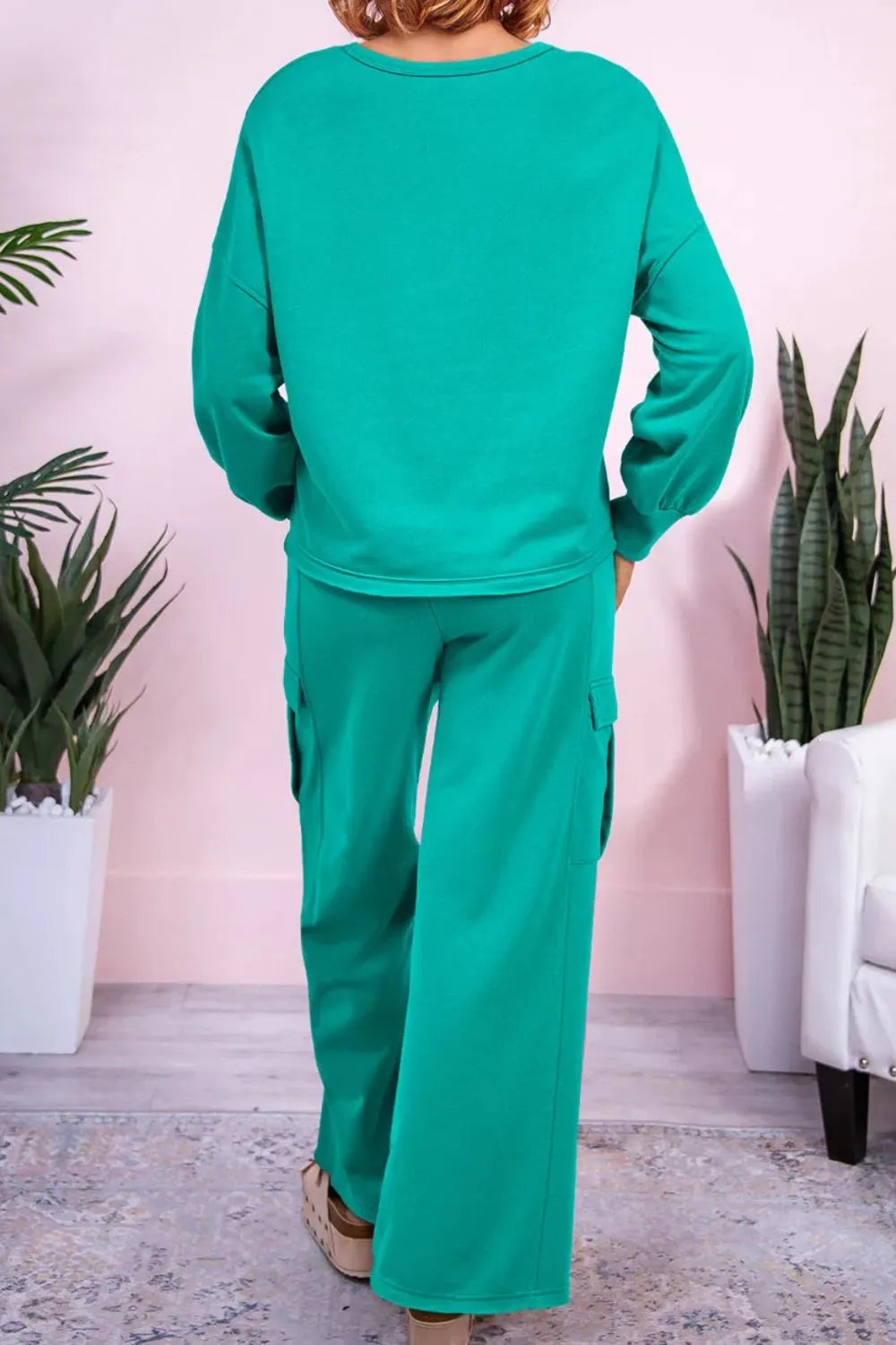 Green full-size round neck long sleeve top and drawstring wide-leg pants set