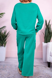 Green full-size round neck long sleeve top and drawstring wide-leg pants set