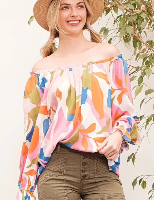 Lime 'N' Chili Abstract Print Off-the-shoulder Long Sleeve Top | Tops Daverri Fashions