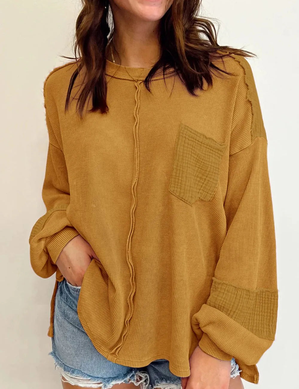 Exposed Seam Round Neck Long Sleeve Sweatshirt | Daverri Fashions