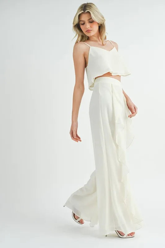 MABLE Crop Cami and Ruffled Wide Leg Pants Set Outfit Sets