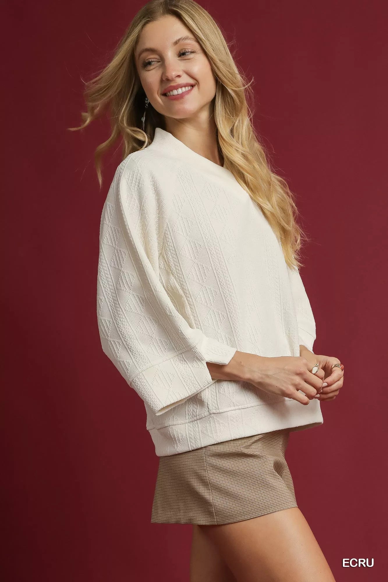 Umgee Textured Knit V-Neck Top Ecru | Knit Tops Daverri Fashions