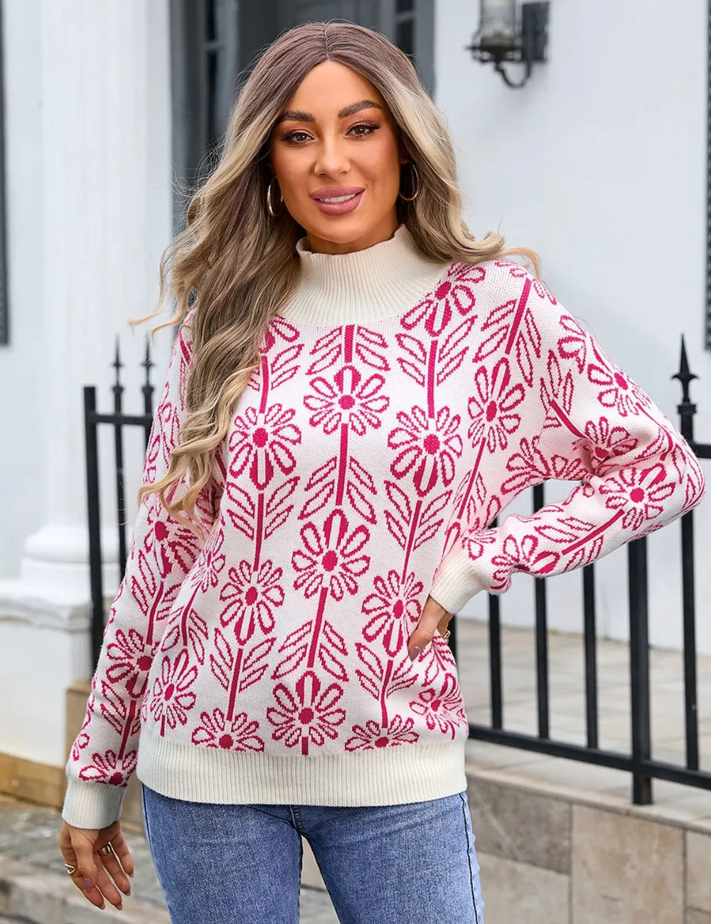 Deep Rose Angel Wings Flower Turtleneck Long Sleeve Sweater | Sweaters Daverri Fashions