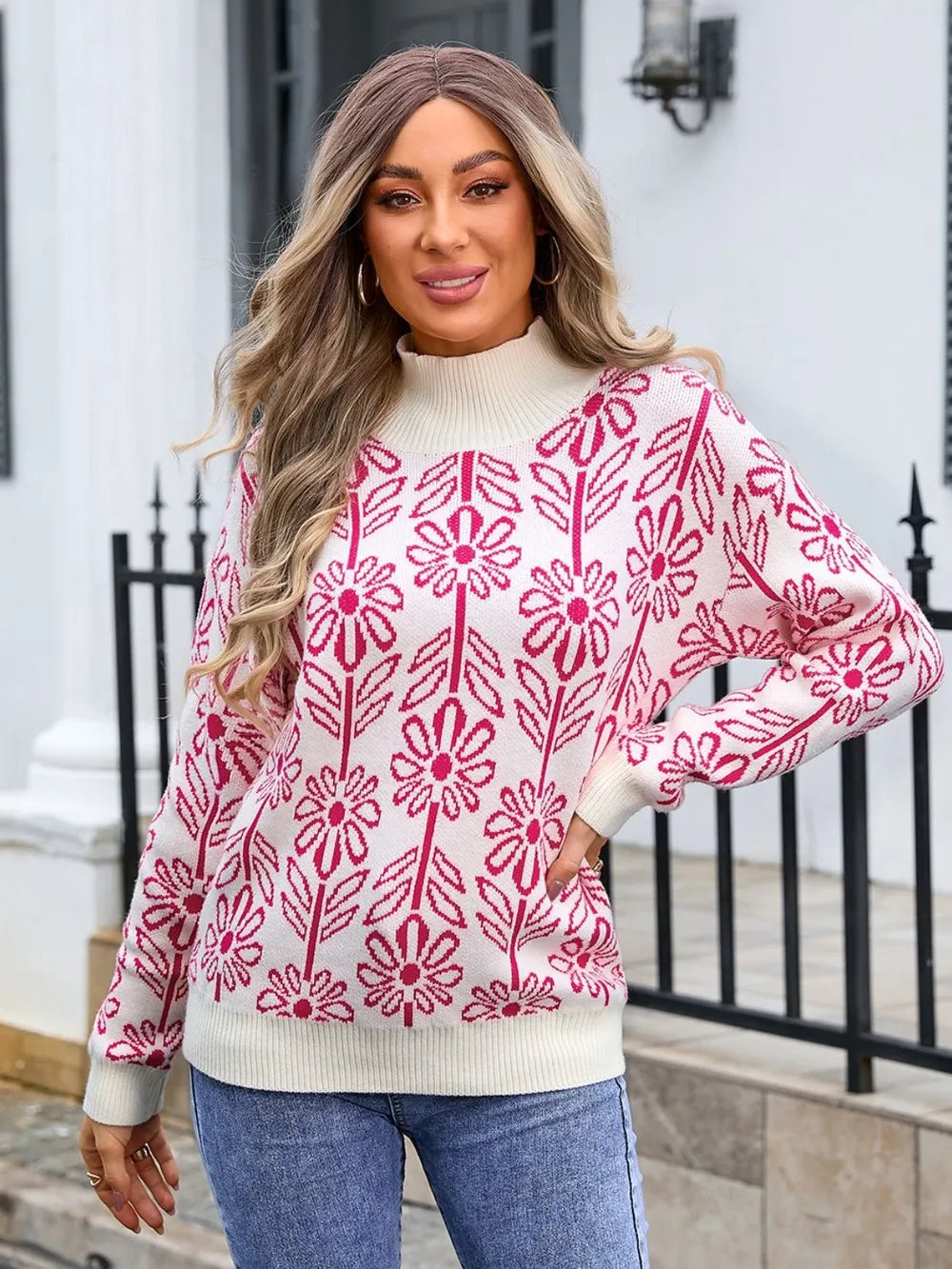 Deep Rose Angel Wings Flower Turtleneck Long Sleeve Sweater | Sweaters Daverri Fashions