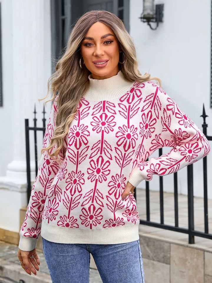 Deep Rose Angel Wings Flower Turtleneck Long Sleeve Sweater | Sweaters Daverri Fashions