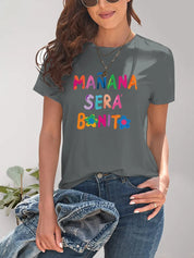 Grey short-sleeved T-shirt with colorful manana sera bonito graphic