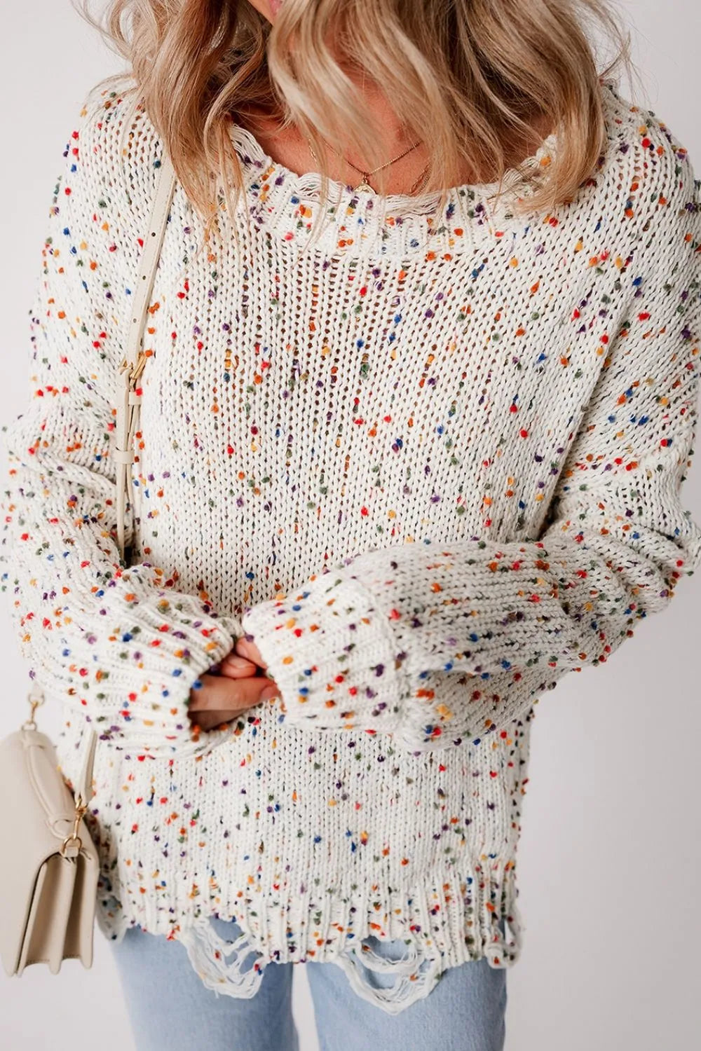 Confetti Distressed Hem Long Sleeve Sweater | Sweaters Daverri Fashions