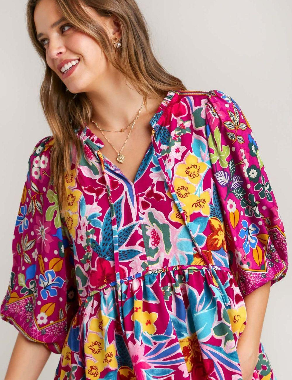 MULBERRY MIX 1XL Umgee Full Size Floral Print Tie Neck Peplum Blouse Plus Size | Blouses Daverri Fashions