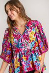 Umgee Full Size Floral Print Tie Neck Peplum Blouse Plus Size - DAVERRI FASHIONS