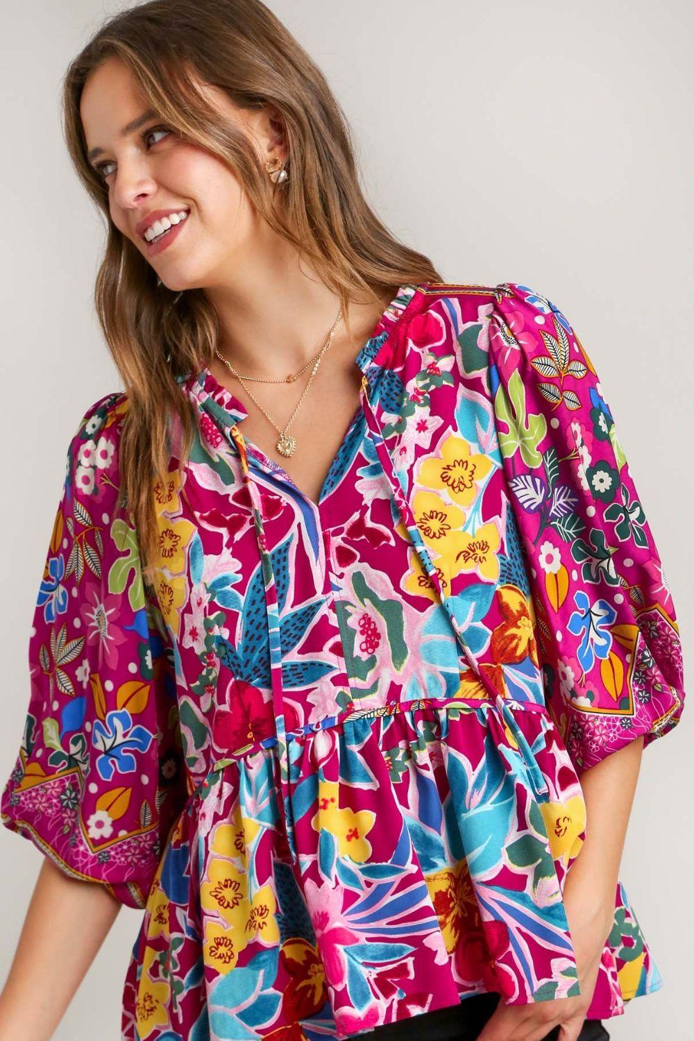 Umgee Full Size Floral Print Tie Neck Peplum Blouse Plus Size MULBERRY MIX 1XL Blouses