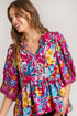Umgee Full Size Floral Print Tie Neck Peplum Blouse Plus Size MULBERRY MIX 1XL Blouses