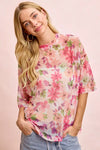 BiBi Floral Print Short Sleeves Boxy Mesh Top, soft sheer pink